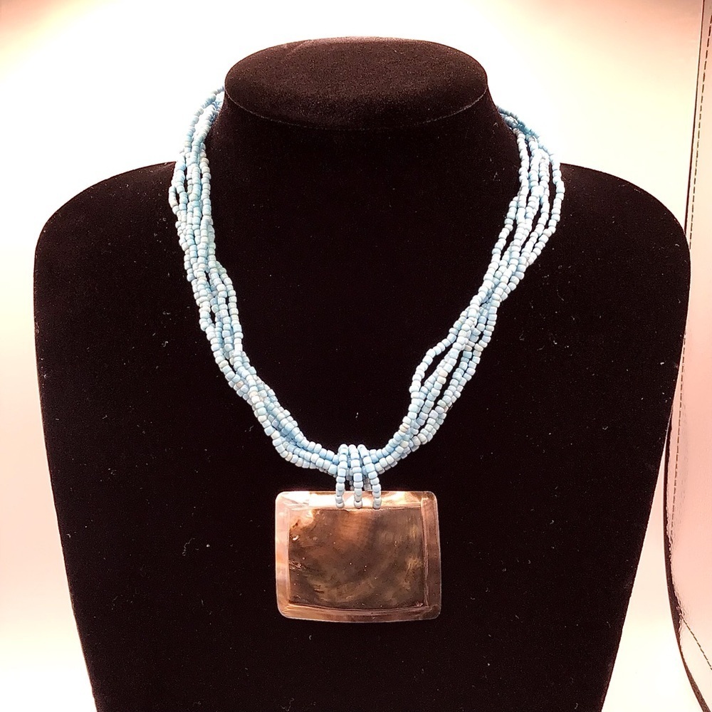 Women’s Blue Necklace with Square Sea Shell - Picture 3 of 8